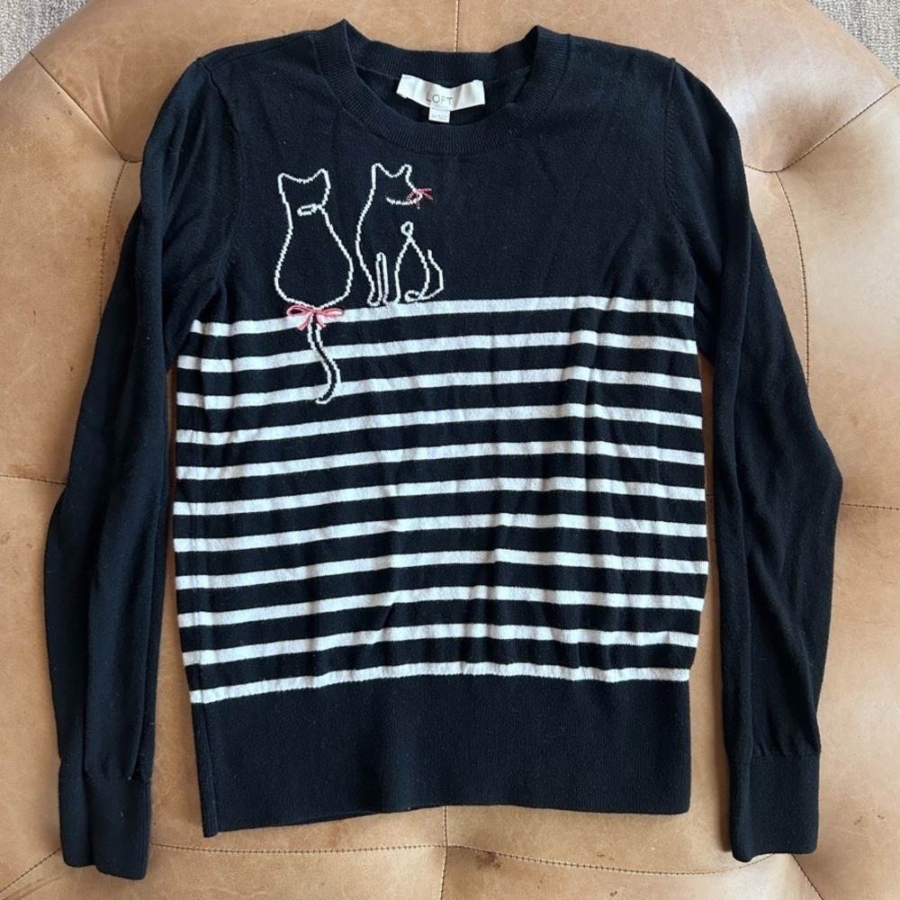 LOFT Cat Lover Sweater Women XS Black White Striped Kitty French Girl Cotton Bow